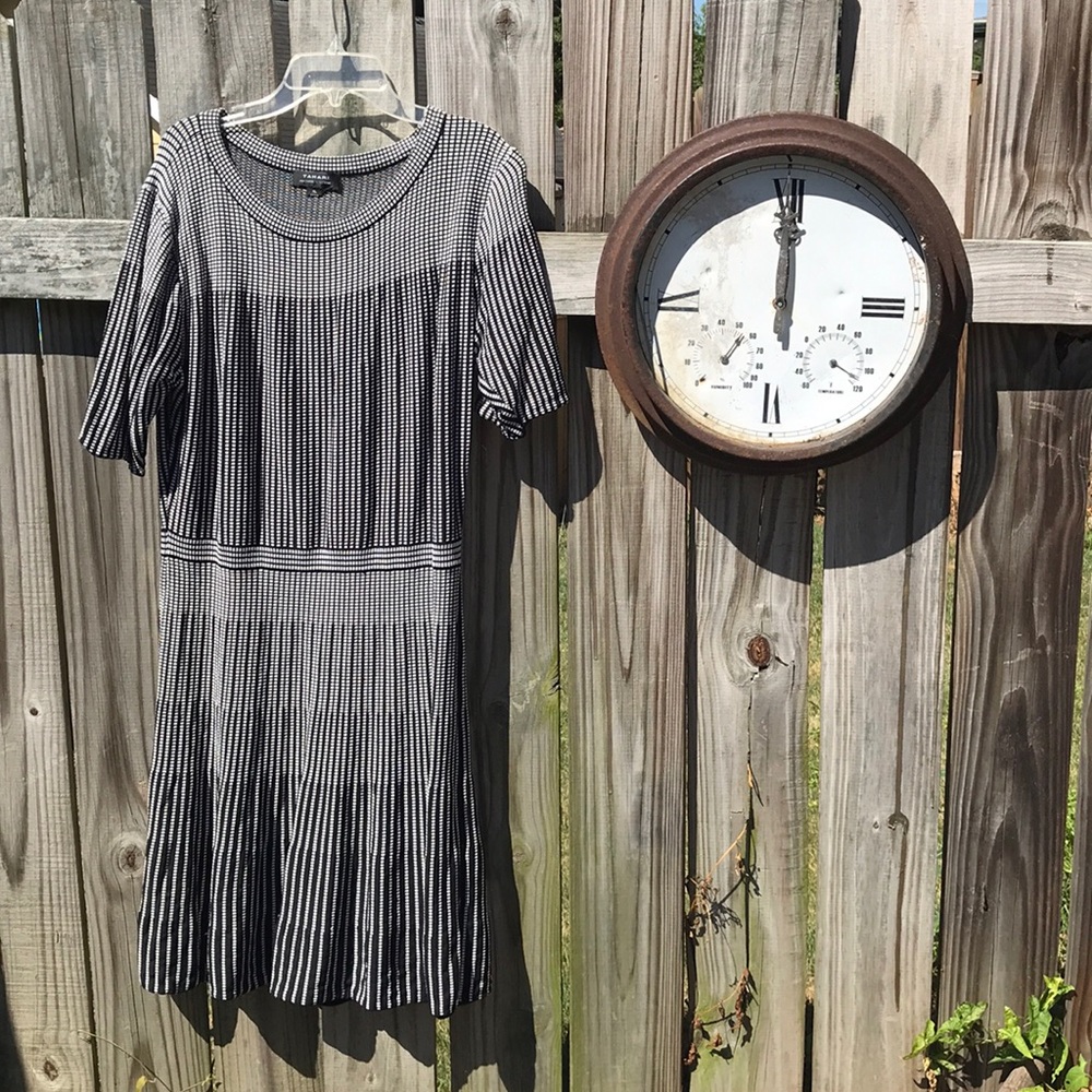 A black and white short sleeves rayon dress.